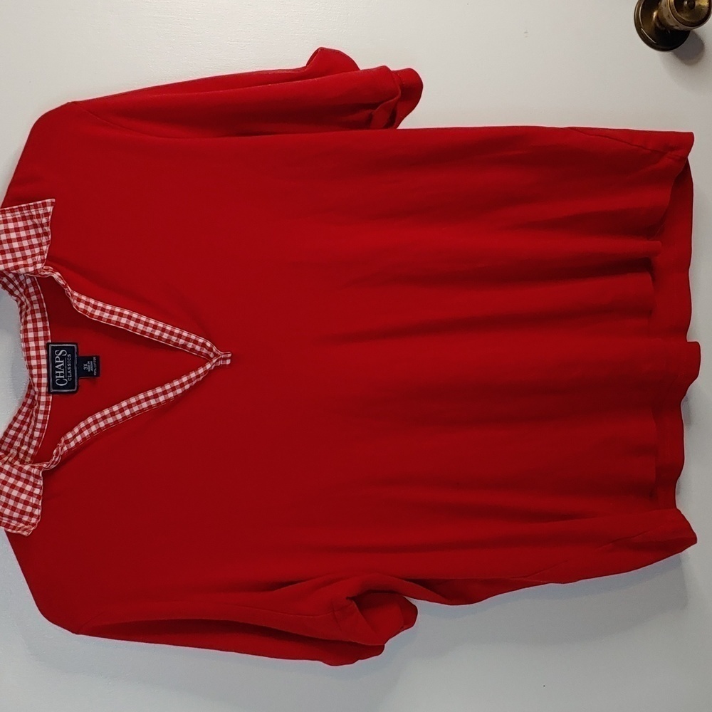 Red top with red and white check collar